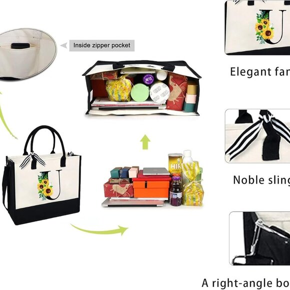 Sunflower Canvas Tote Bag Women with Zipper Pocket Large Capacity Durable - Picture 3 of 7